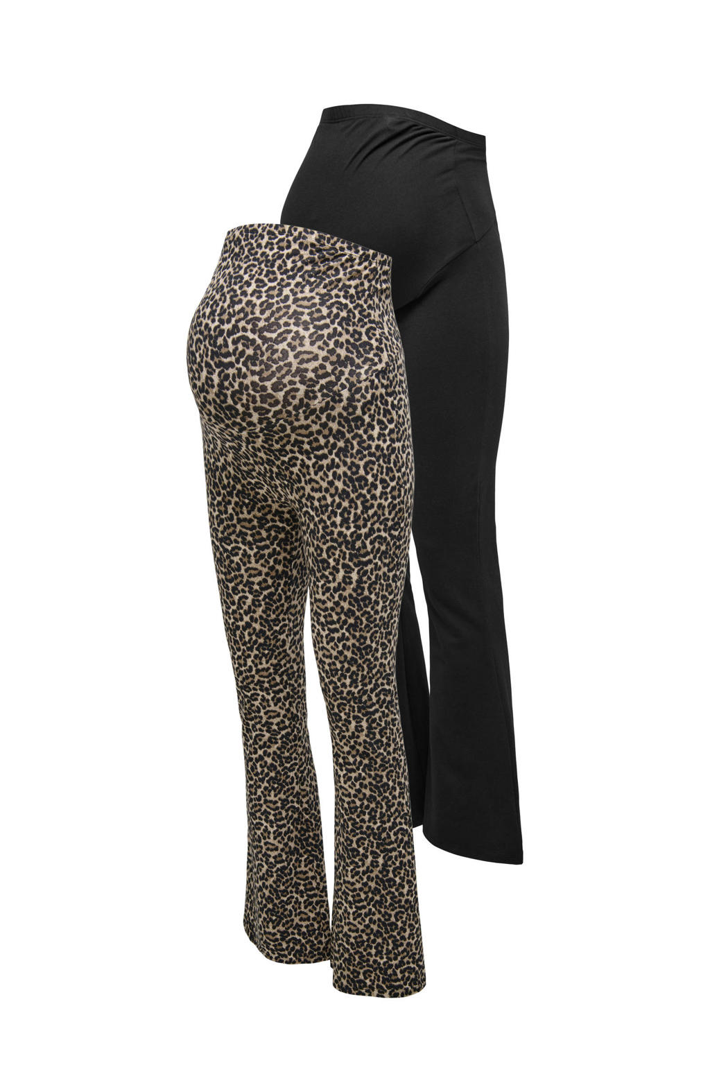 Set van 2 bruine dames ONLY MATERNITY flared zwangerschapsbroek van katoen met extra low waist, elastische tailleband en panterprint