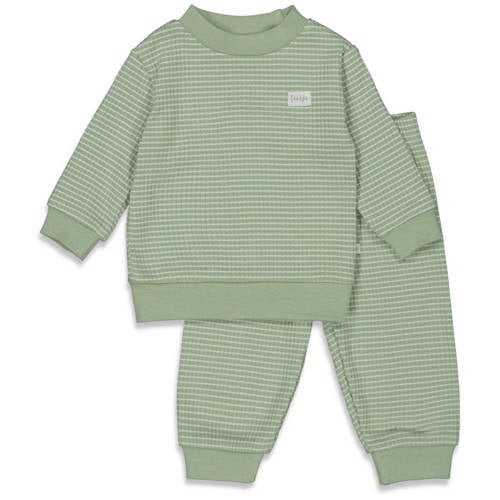 Feetje Wafel pyjama groen melange/wit Jongens/Meisjes Katoen Ronde hals