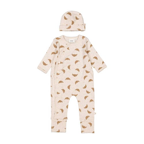 Feetje geschenkset boxpak + muts met all over print offwhite/bruin Ecru Jongens/Meisjes Stretchkatoen Ronde hals - maat 62 afbeelding
