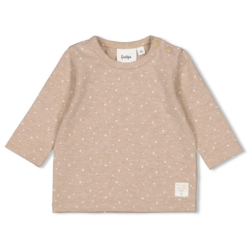 Taupe jongens en meisjes Feetje longsleeve van katoen met lange mouwen, ronde hals en drukknoopsluiting
