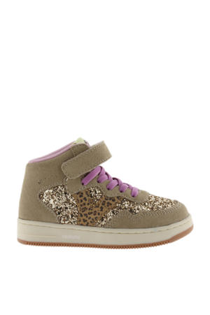 suede leren sneakers met glitter taupe