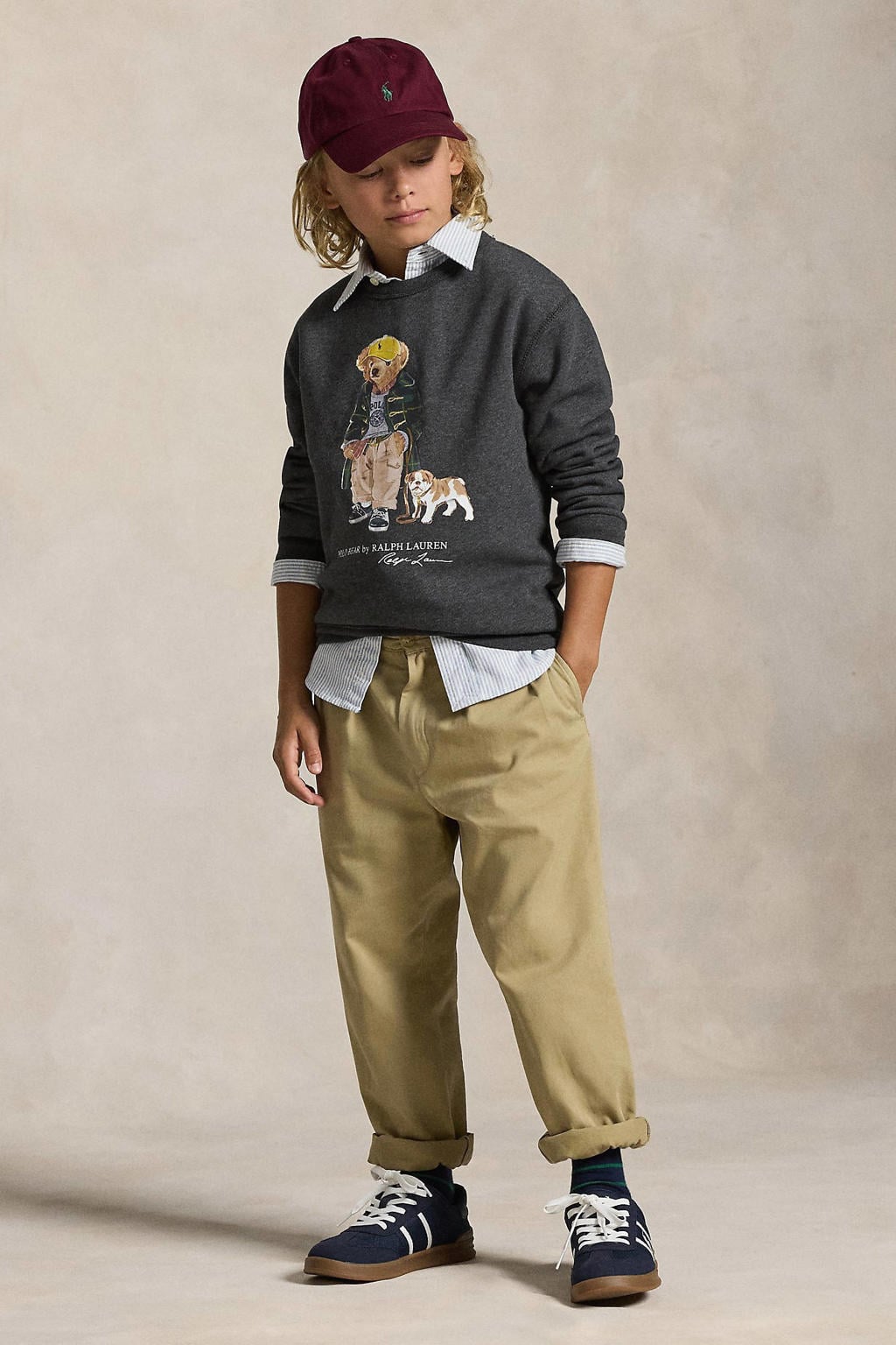 Antraciete jongens Polo Ralph Lauren sweater van katoen met printopdruk, lange mouwen en ronde hals