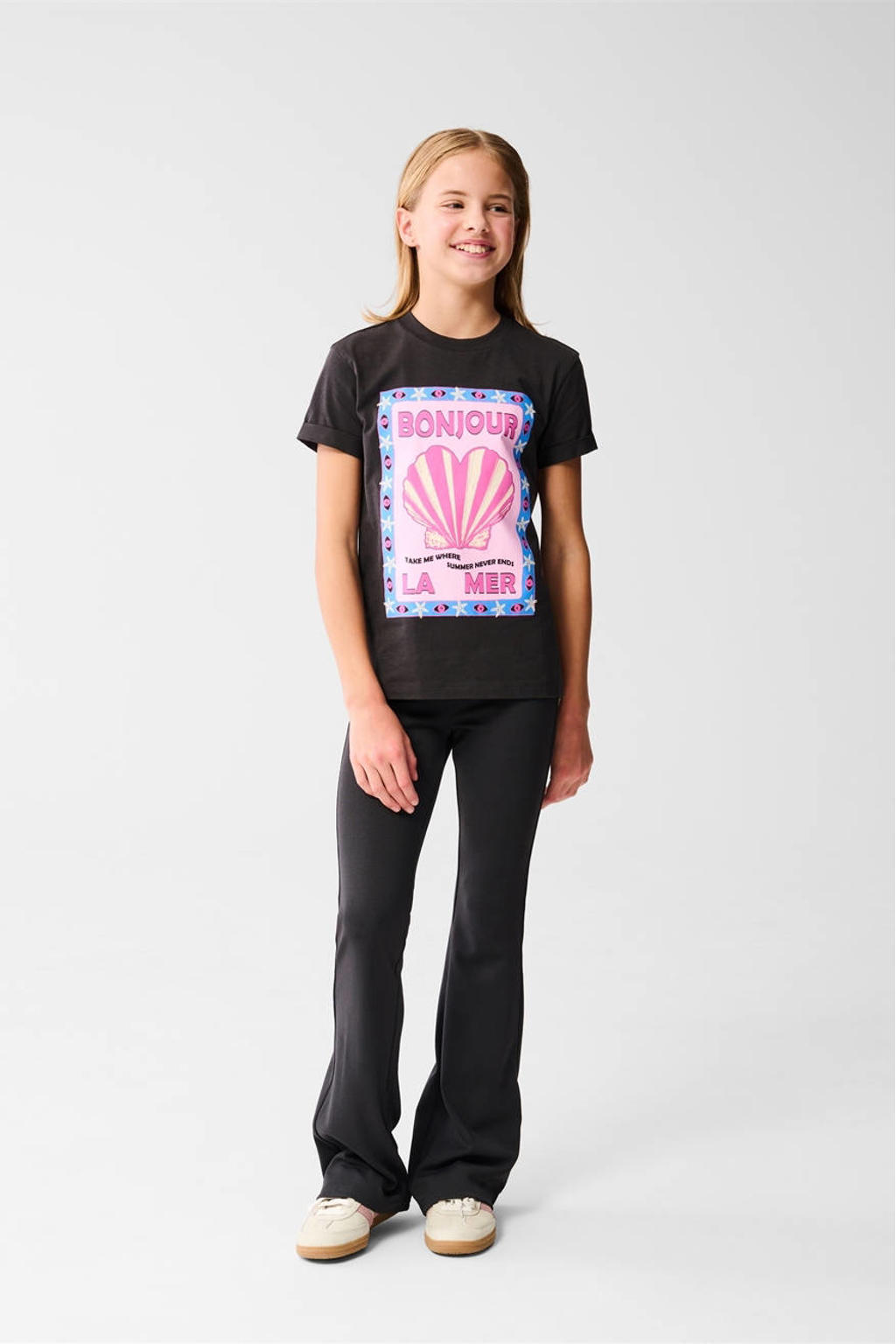 Zwarte meisjes Shoeby T-shirt van katoen met grafische print, korte mouwen en ronde hals