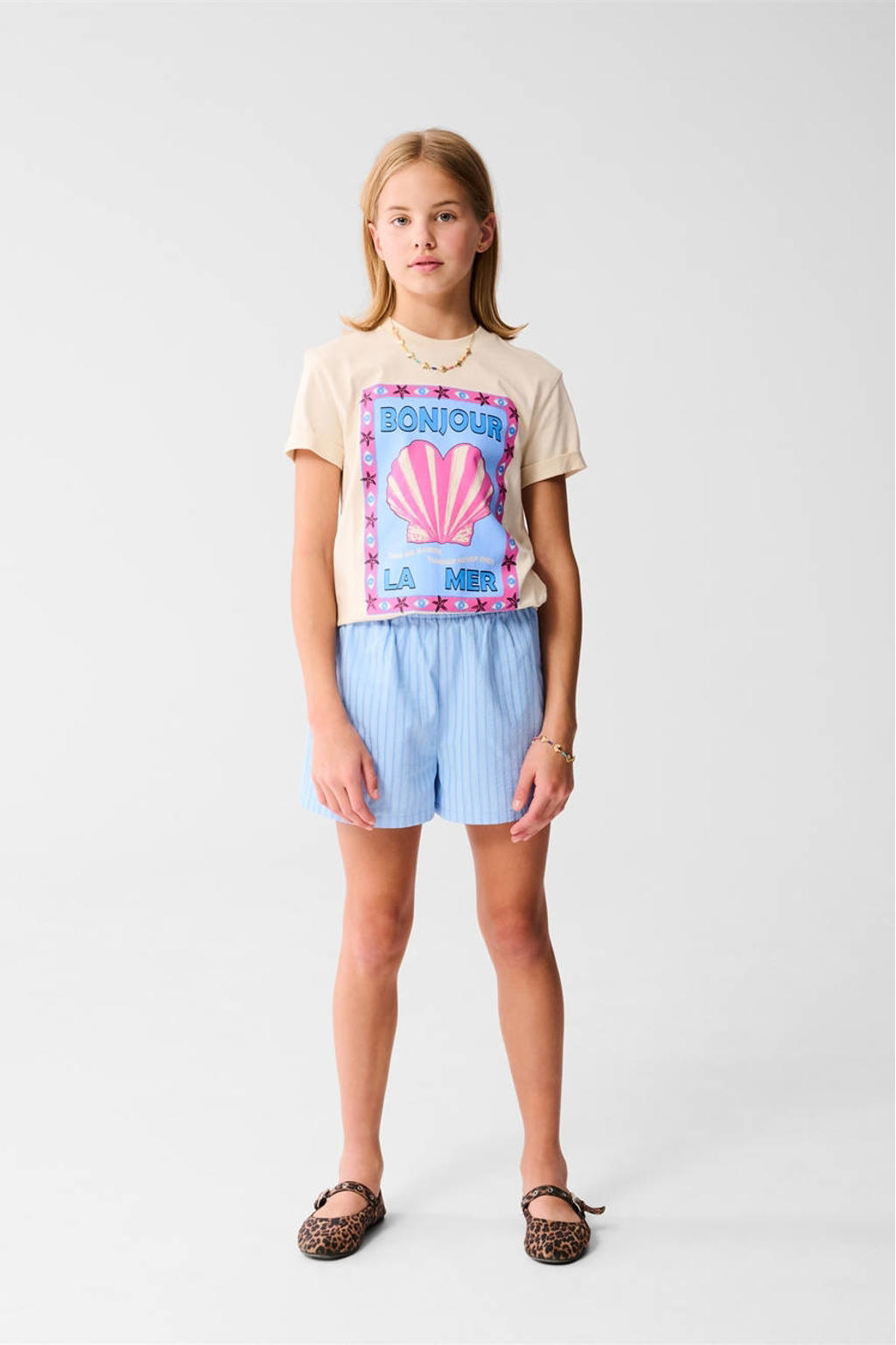 Ecru meisjes Shoeby T-shirt van katoen met grafische print, korte mouwen, ronde hals en omslagdetail