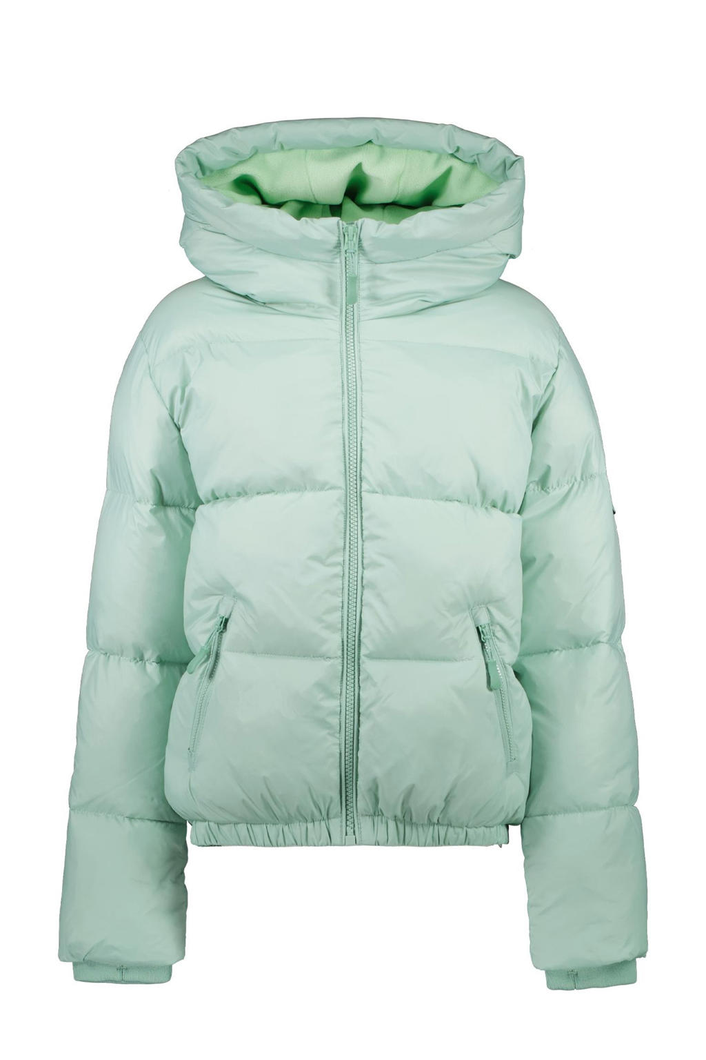 Mintgroene meisjes Little Cars gewatteerde jas van polyamide met effen, lange mouwen, capuchon en ritssluiting