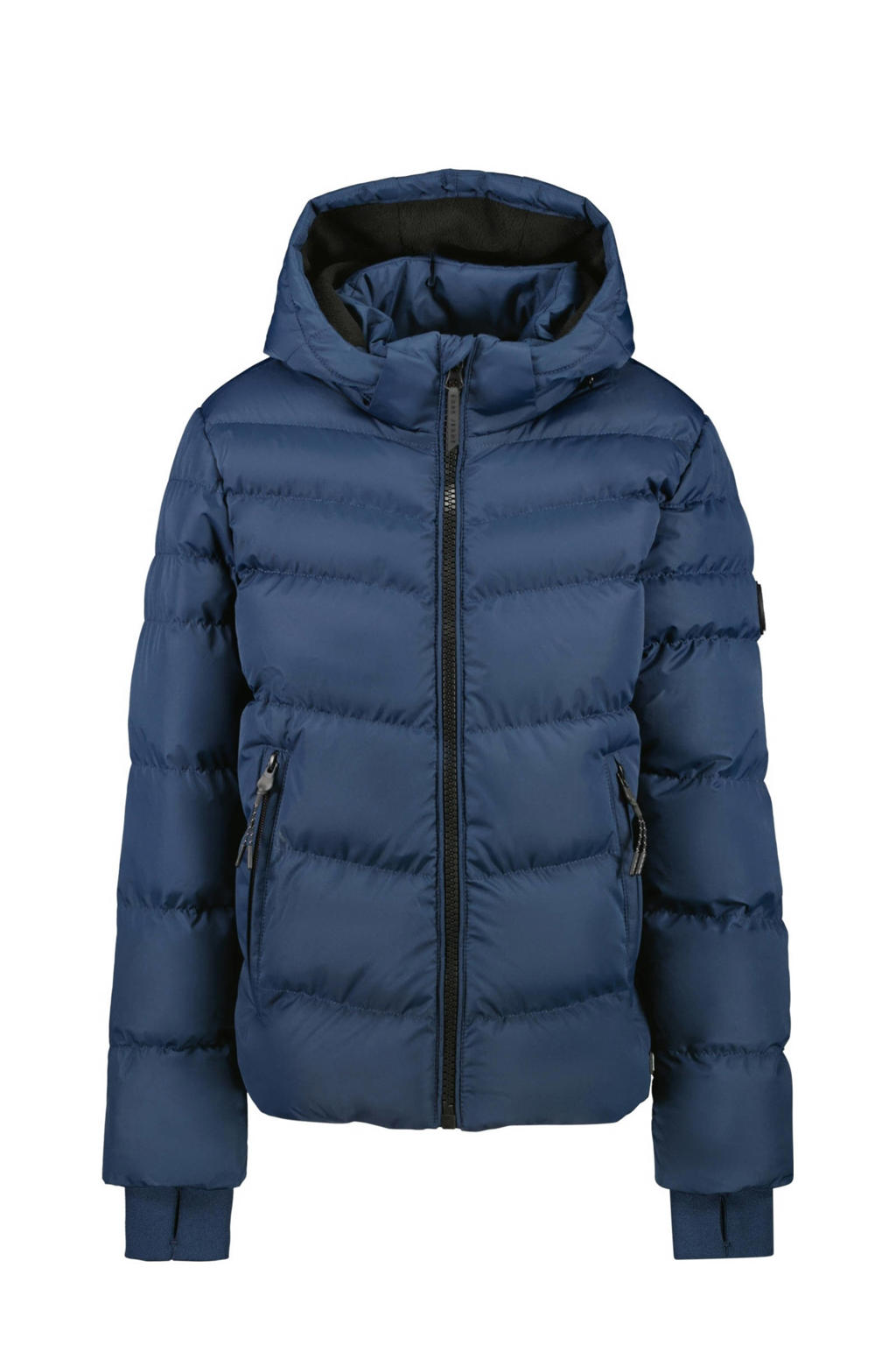 Donkerblauwe jongens Little Cars gewatteerde jas van polyester met effen, lange mouwen, capuchon en ritssluiting