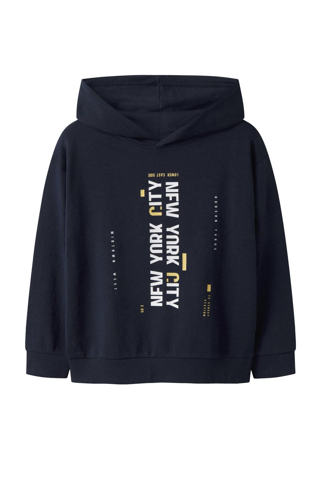 Donkerblauwe jongens NAME IT KIDS hoodie van sweat materiaal met printopdruk, lange mouwen en capuchon
