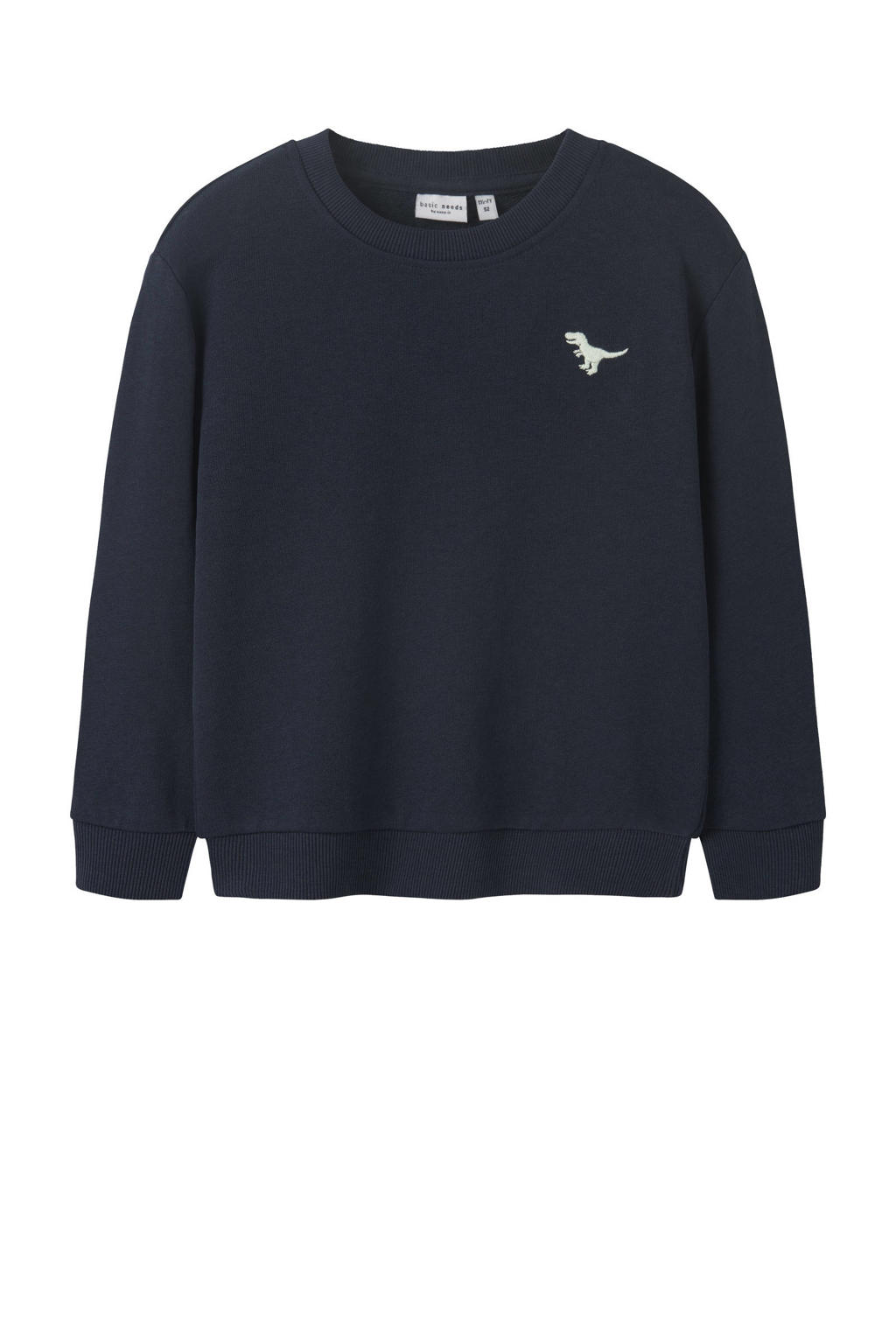 Donkerblauwe jongens NAME IT MINI sweater met printopdruk, lange mouwen, ronde hals en geribde boorden