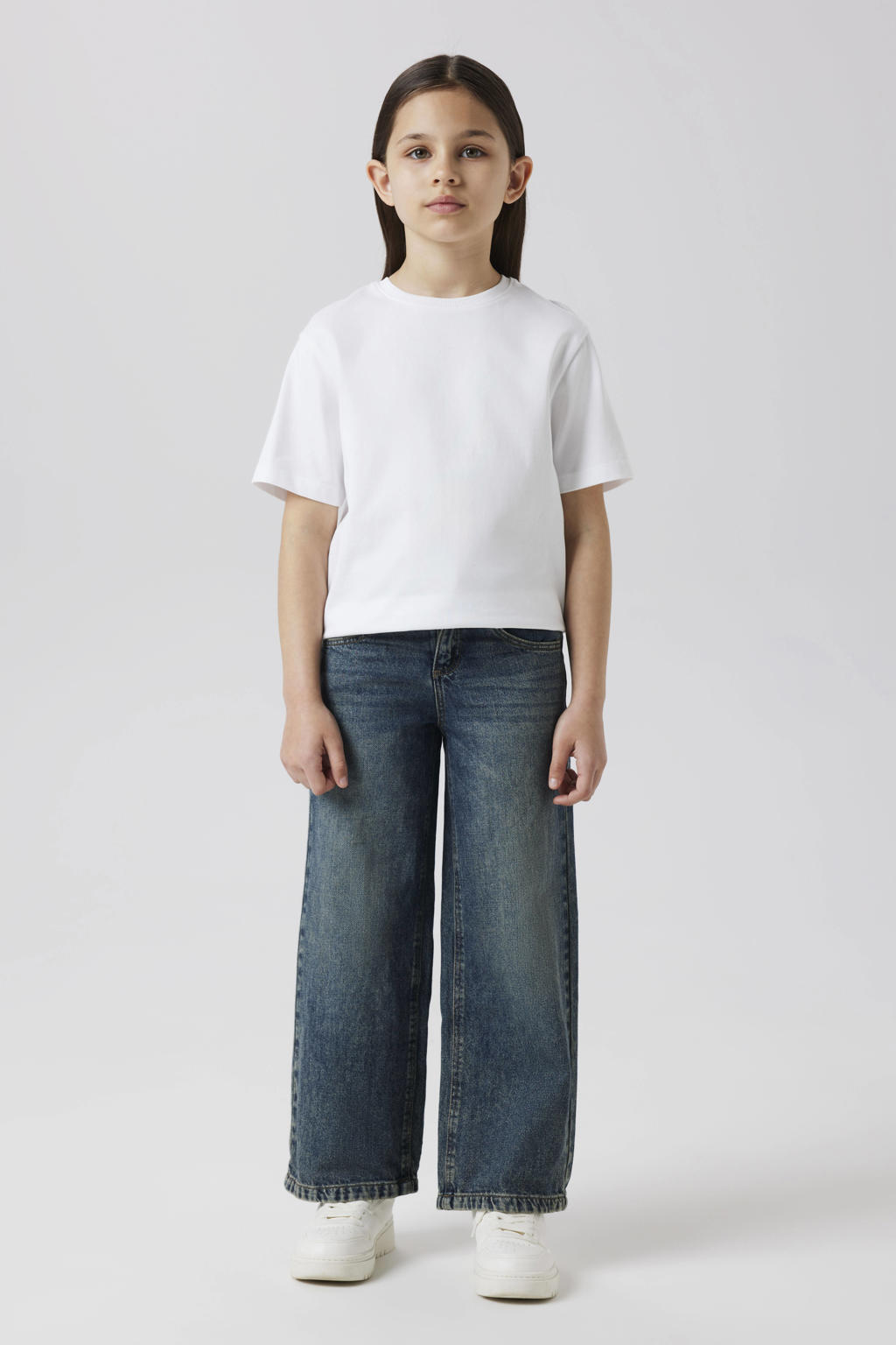 Dark blue denim meisjes NAME IT KIDS wide leg jeans vintage dark blue van denim met rits- en knoopsluiting en effen