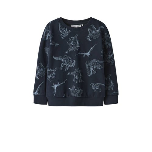 NAME IT MINI sweater donkerblauw Jongens Katoen Ronde hals All over print - maat 122/128 afbeelding