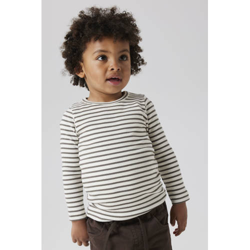 NAME IT MINI longsleeve gebreid olijfgroen/ecru Jongens Katoen Ronde hals - maat 80 afbeelding
