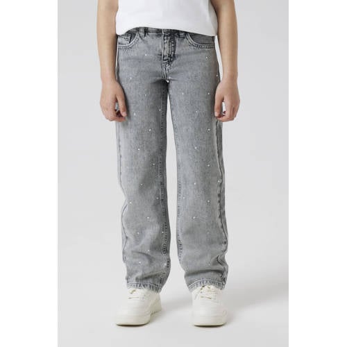 NAME IT KIDS straight leg jeans met strass-steentjes light grey denim Grijs Meisjes Katoen - maat 122 afbeelding