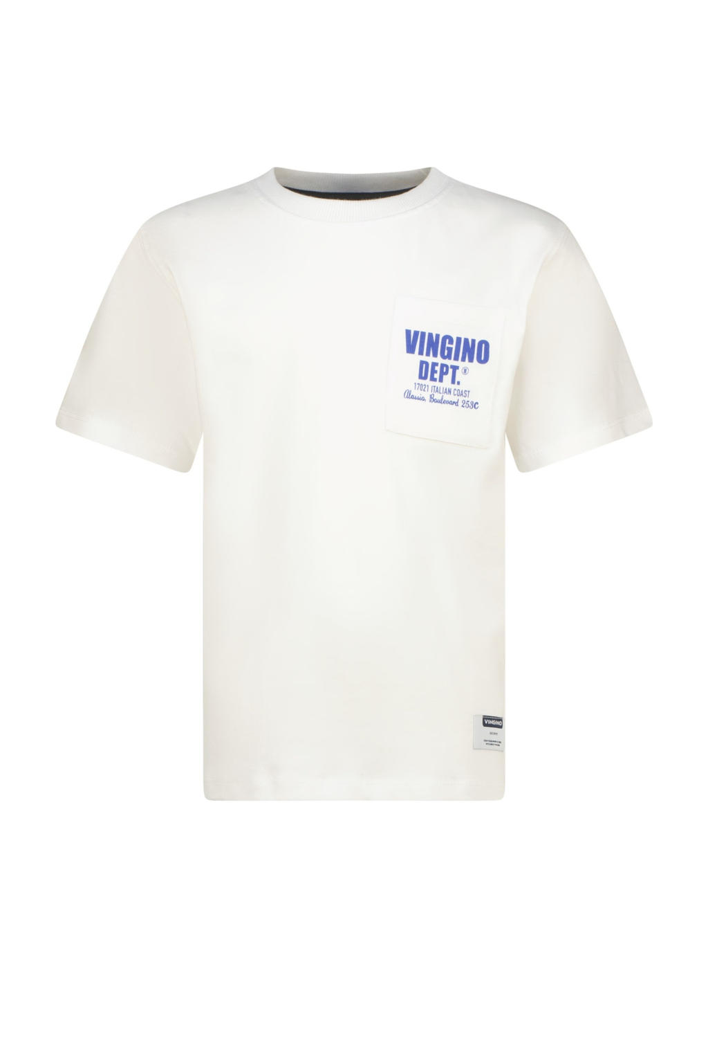 Wit, blauw en neonkleurige jongens Vingino T-shirt van katoen met backprint, korte mouwen en ronde hals