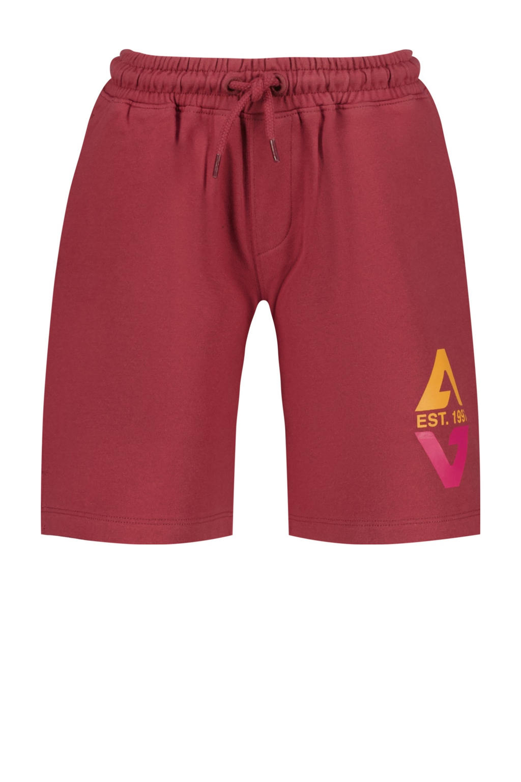 Donkerrode jongens Vingino regular sweatshort met elastische tailleband met koord en logo dessin