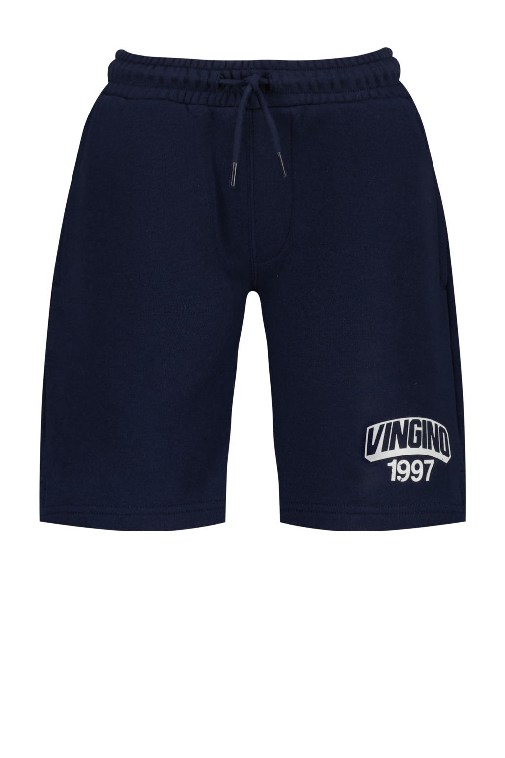 Donkerblauwe jongens Vingino regular bermuda short van katoen met elastische tailleband met koord en logo dessin