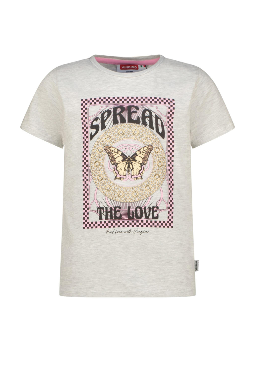 Grijs melange meisjes Vingino T-shirt melange van stretchkatoen met printopdruk, korte mouwen en ronde hals