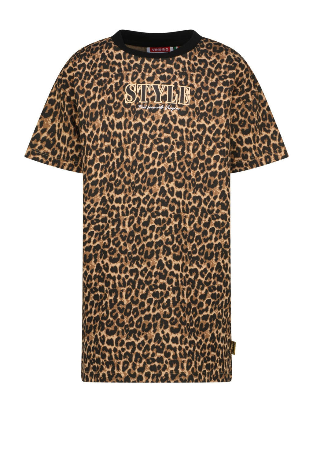 Bruin en zwarte meisjes Vingino t-shirtjurk van stretchkatoen met panterprint, korte mouwen en ronde hals