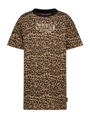 thumbnail: Bruin en zwarte meisjes Vingino t-shirtjurk van stretchkatoen met panterprint, korte mouwen en ronde hals