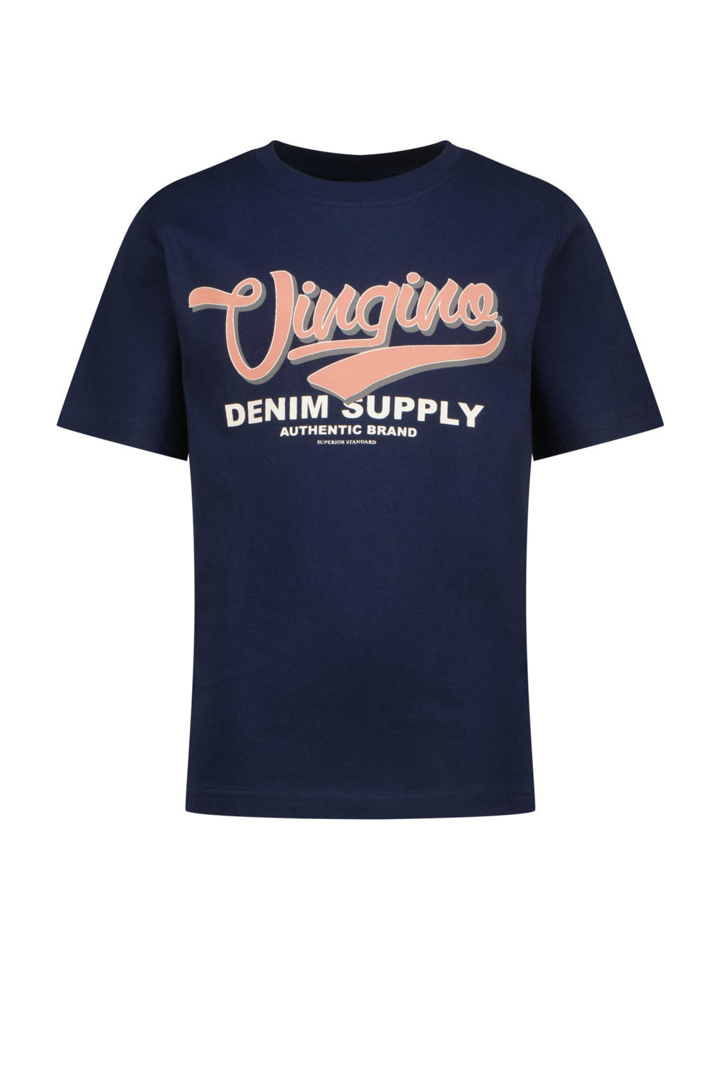 Donkerblauwe jongens Vingino T-shirt van katoen met logo dessin, korte mouwen en ronde hals