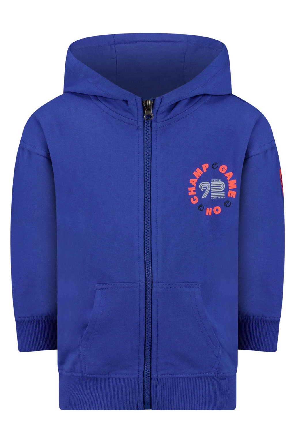 Blauwe jongens Little Cars sweatvest met backprint, lange mouwen, capuchon en ritssluiting