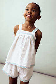 thumbnail: Wit, mintgroen en lichtroze meisjes Mango Kids mouwloze top met meerkleurige print, vierkante hals en borduursels