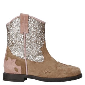 suède cowboylaarzen beige/roze/zilver