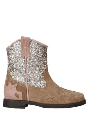 suède cowboylaarzen beige/roze/zilver