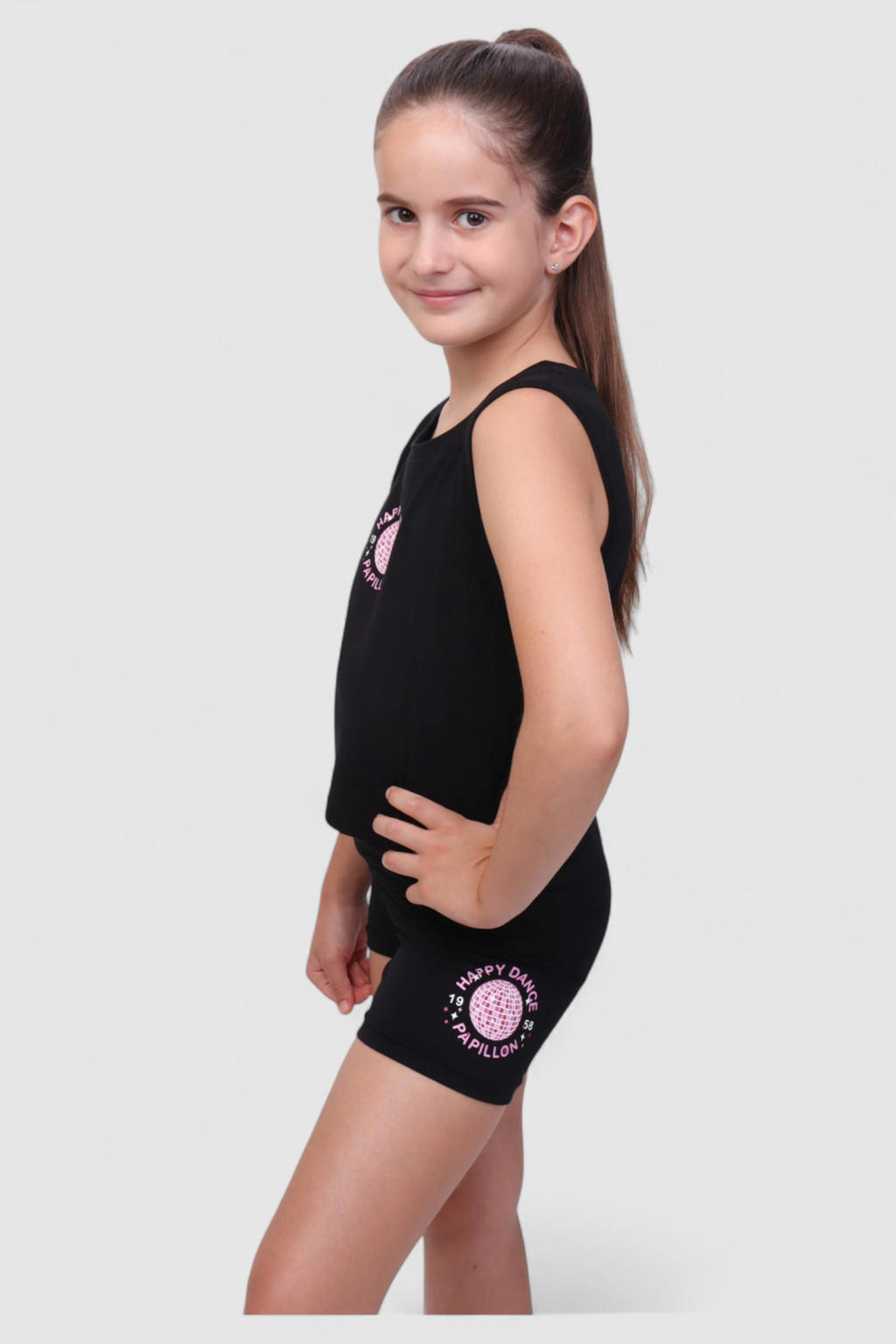 Zwart en roze meisjes Papillon sportshort Happy Dance van katoen met slim fit, high waist en printopdruk