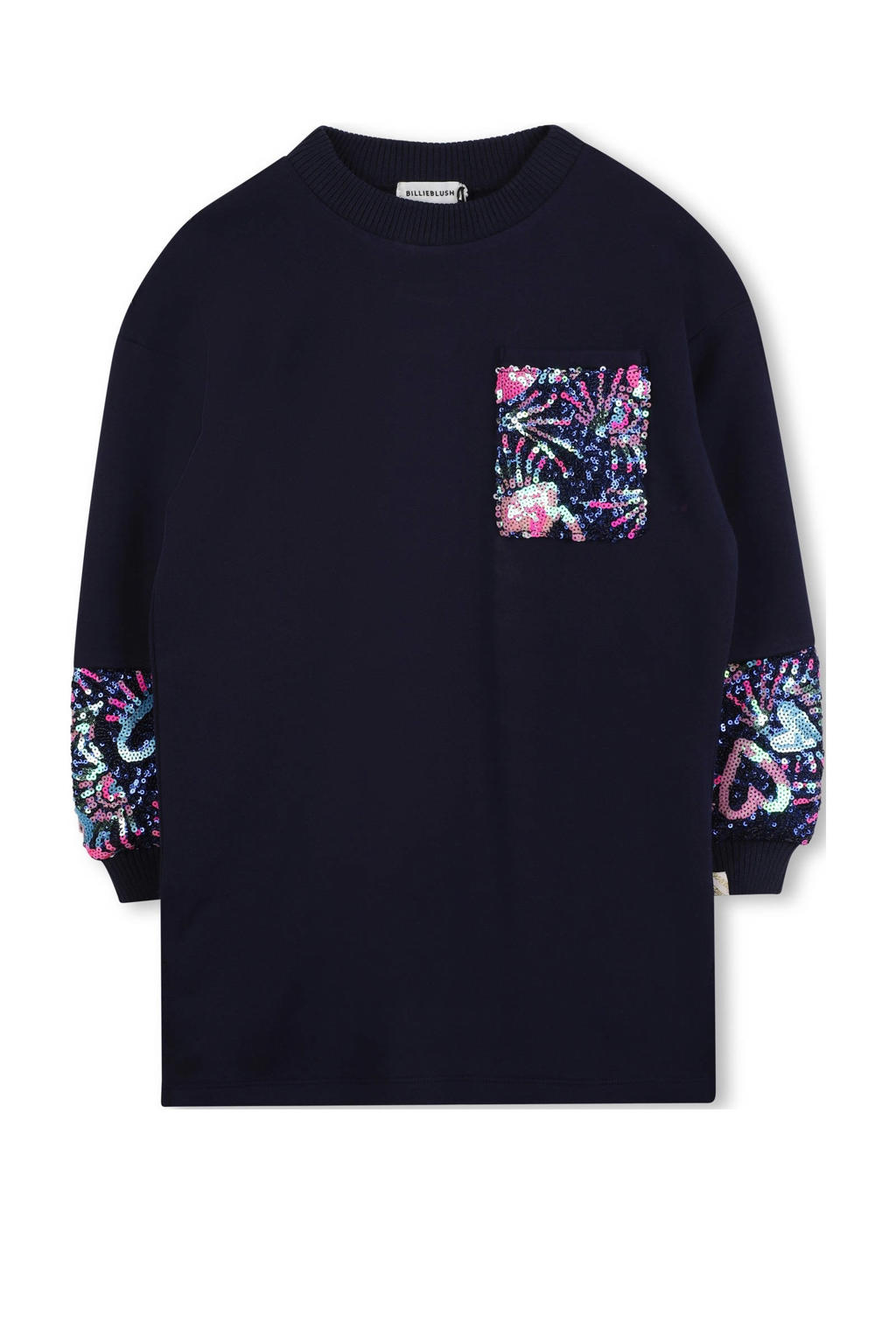 Donkerblauwe meisjes Billieblush sweatjurk van katoen met effen, lange mouwen, ronde hals en pailletten