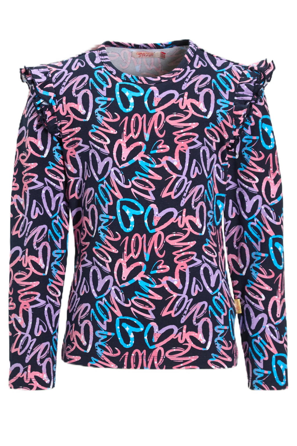 Multikleurige meisjes Orange Stars longsleeve Razi van katoen met hartjesprint, lange mouwen, ronde hals en ruches