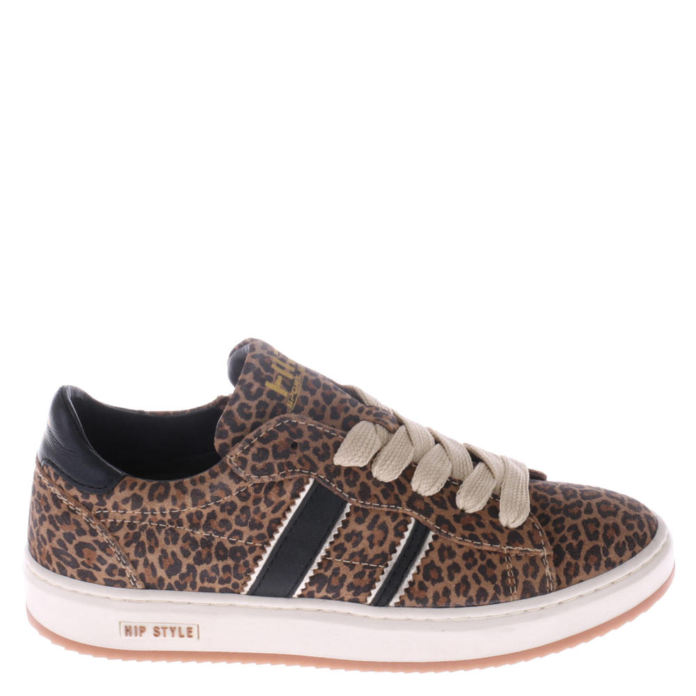 Cognac en zwarte meisjes Hip suède sneakers met rits- en vetersluiting en panterprint