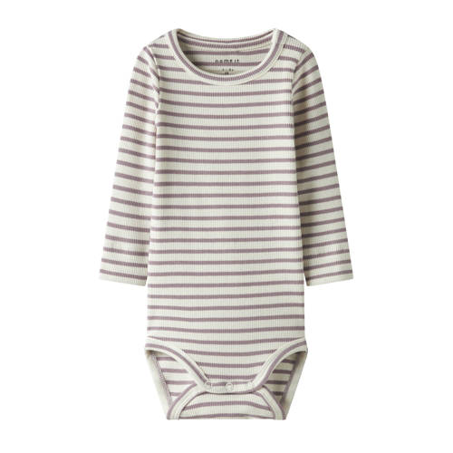 NAME IT BABY romper lila/ecru Paars Jongens Katoen Ronde hals Streep