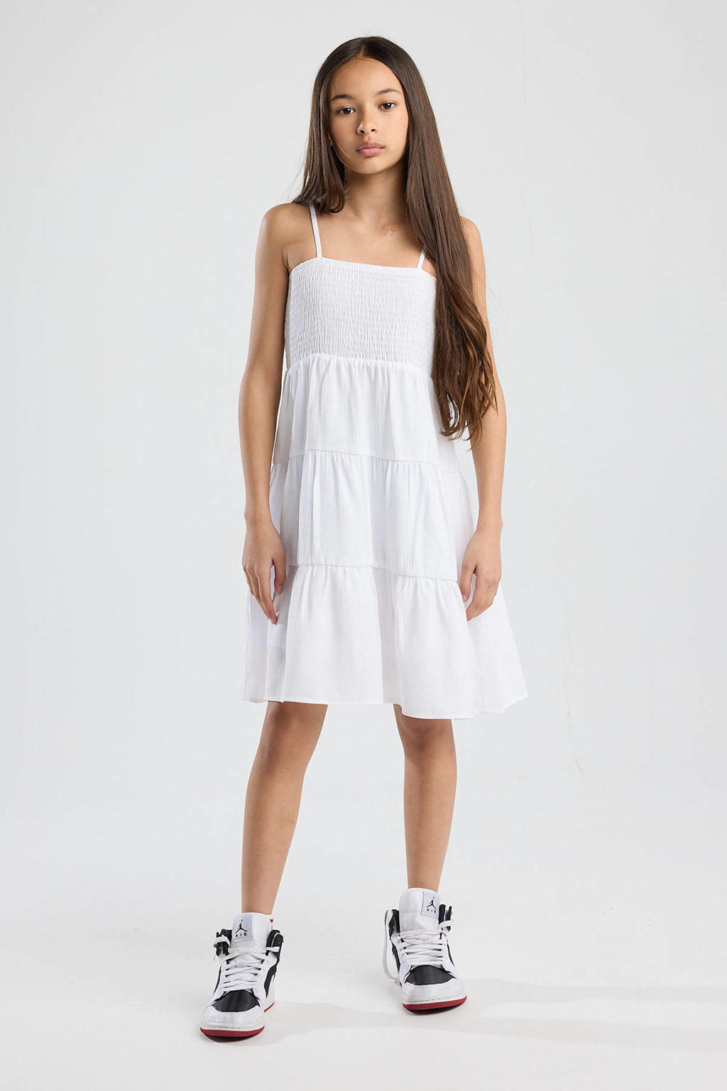 Witte meisjes America Today korte jurk van viscose met effen, spaghettibandjes, vierkante hals en plooien