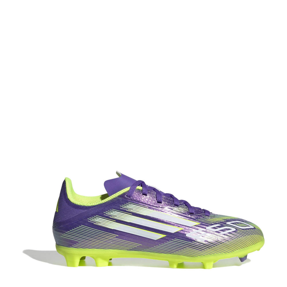 Paars, wit en gele jongens en meisjes adidas Performance F50 League FG MG junior voetbalschoeeen van imitatieleer