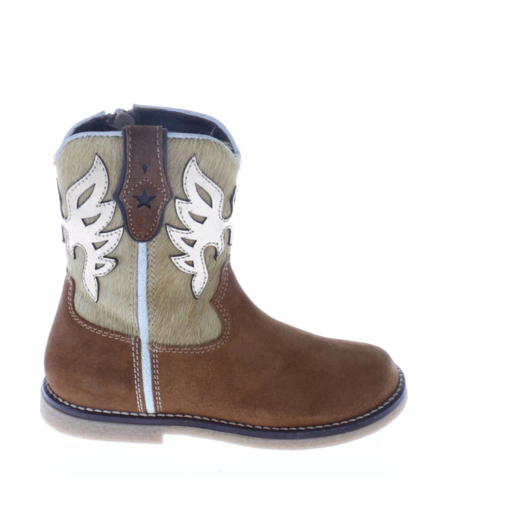 Cognac en beige meisjes Pinocchio suède cowboylaarzen met ponyhair met ritssluiting