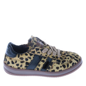 leren sneakers met ponyhair en panterprint beige/zwart