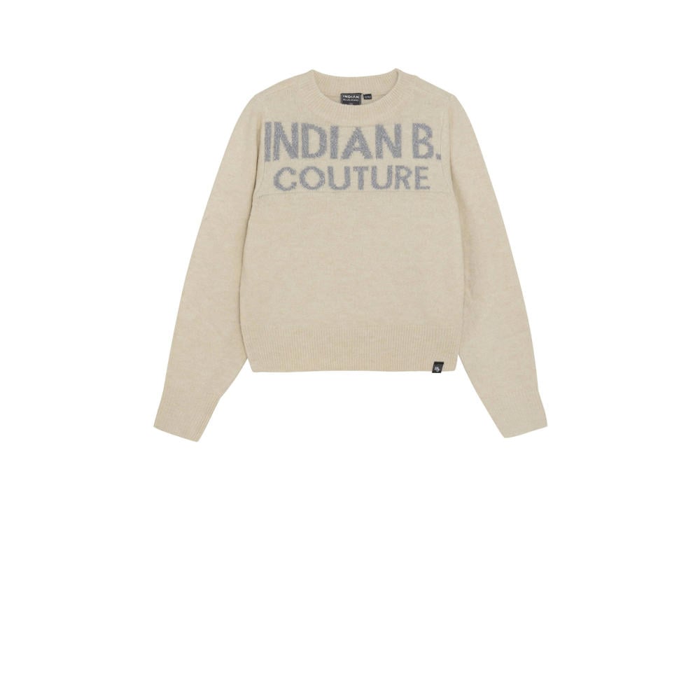 Beige en grijze meisjes Indian Blue Jeans trui fijn gebreid van acryl met tekst print, lange mouwen en ronde hals