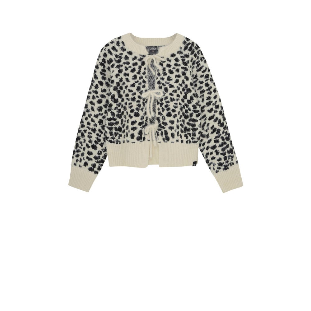 Beige en zwarte meisjes Indian Blue Jeans cardigan gebreid van acryl met dierenprint, lange mouwen, ronde hals en striksluiting