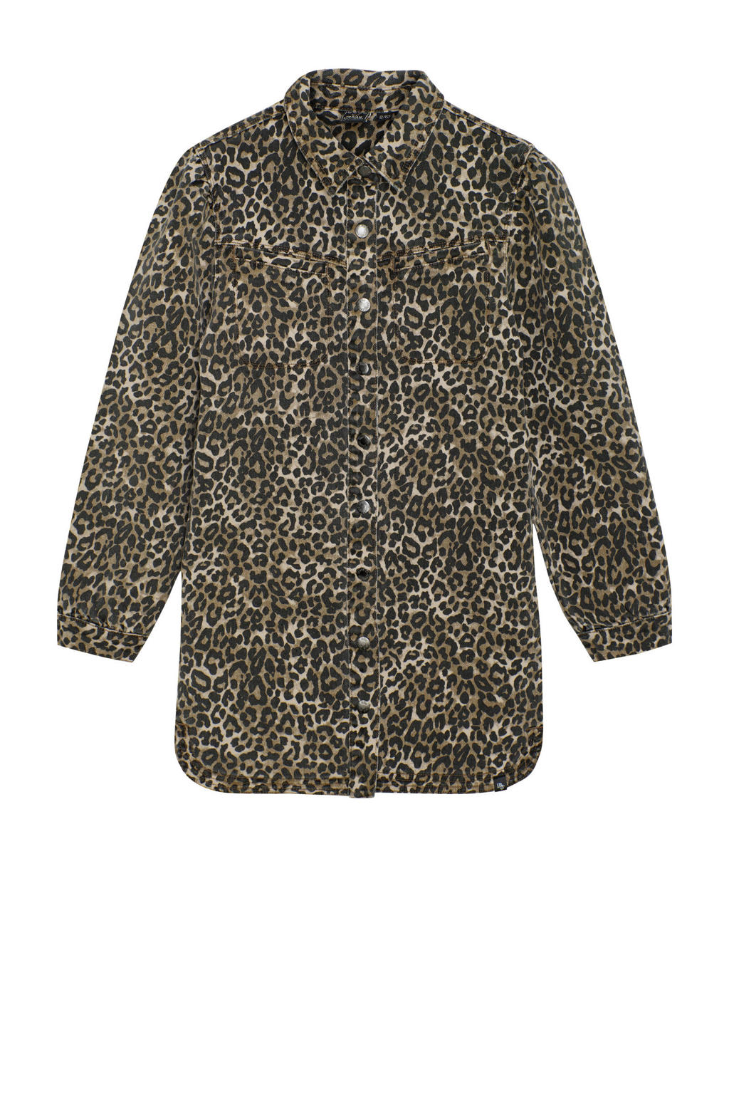 Bruin en beige meisjes Indian Blue Jeans blousejurk van denim met dierenprint, lange mouwen en klassieke kraag
