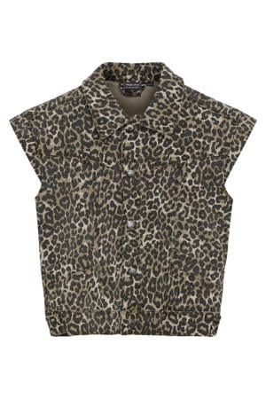 denim gilet met panterprint bruin