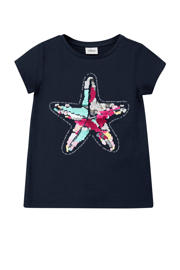 thumbnail: Donkerblauwe meisjes s.Oliver T-shirt van katoen met printopdruk, korte mouwen, ronde hals en pailletten