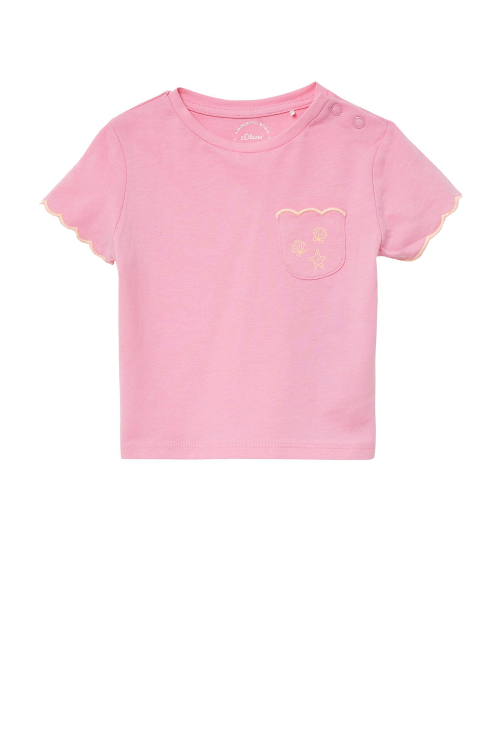 Roze meisjes s.Oliver T-shirt van katoen met effen, korte mouwen, ronde hals en golvende afwerking