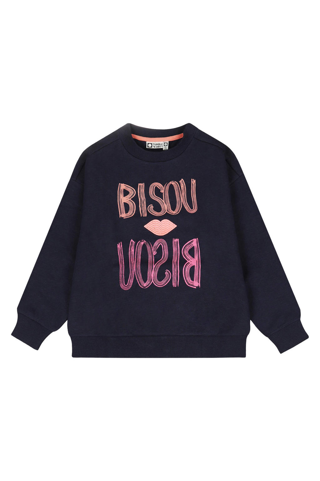 Donkerblauwe meisjes Tumble 'n Dry sweater met tekst print, lange mouwen en ronde hals