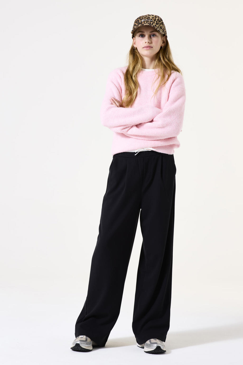 Zwarte meisjes Garcia straight casual broek van polyester met regular waist, elastische tailleband met koord en effen