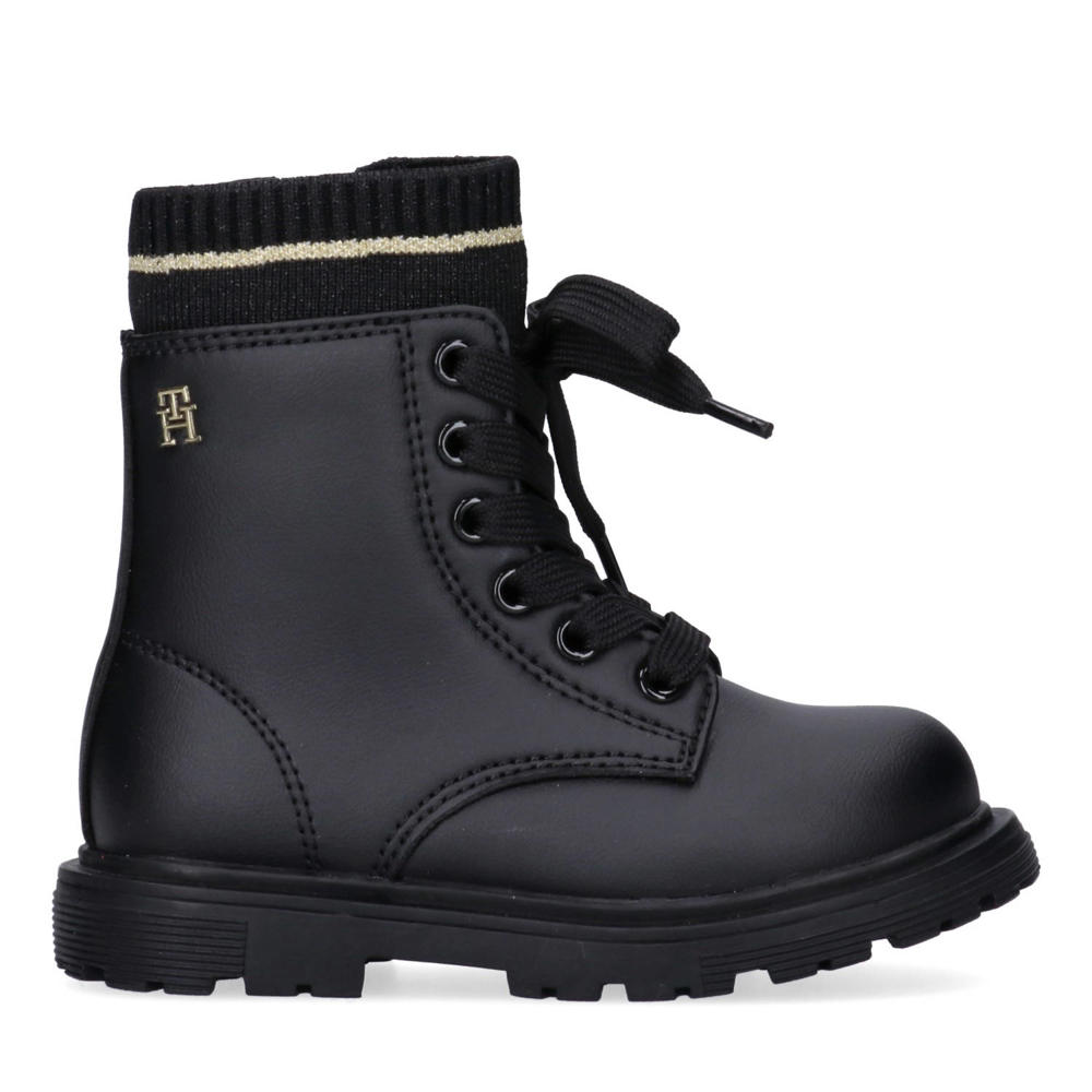 Zwarte meisjes Tommy Hilfiger veterboots van imitatieleer met rits- en vetersluiting