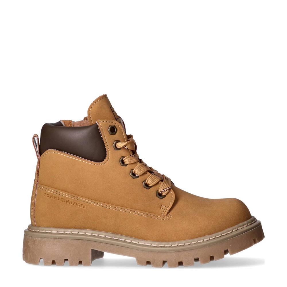 Bruine jongens Tommy Hilfiger veterboots van imitatieleer met rits- en vetersluiting