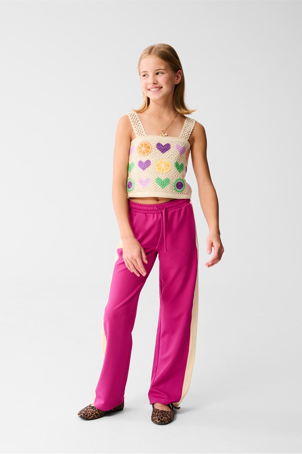 Roze meisjes Shoeby casual broek van polyester met high waist, elastische tailleband met koord en effen