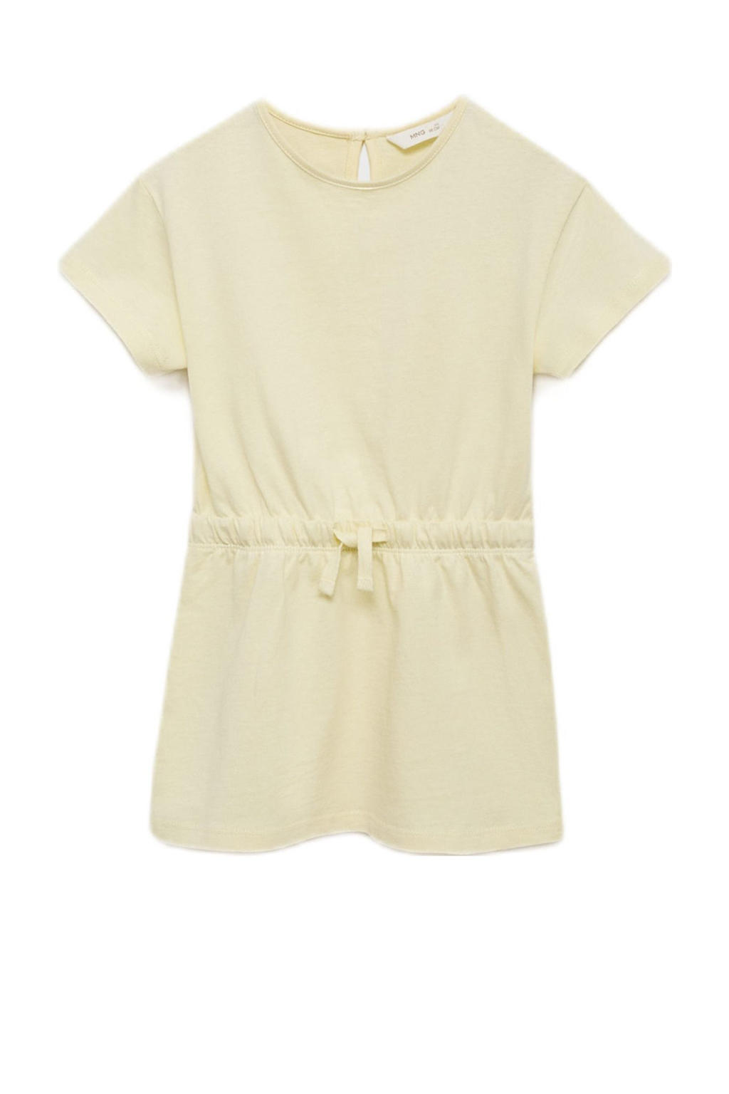 Lichtgele meisjes Mango Kids korte jurk van katoen met effen, korte mouwen, ronde hals, knoopsluiting en plooien