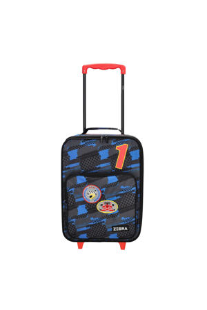 trolley met print 40 cm. zwart/blauw