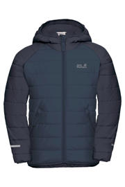 thumbnail: Donkerblauwe jongens en meisjes Jack Wolfskin gewatteerde jas Zenon van polyester met effen, lange mouwen, capuchon en rits waterdicht